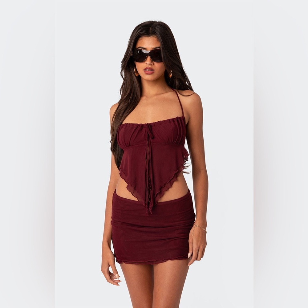 Edikted Ariyah Open Tie Back Ruffle Mesh Top - Picture 4 of 8
